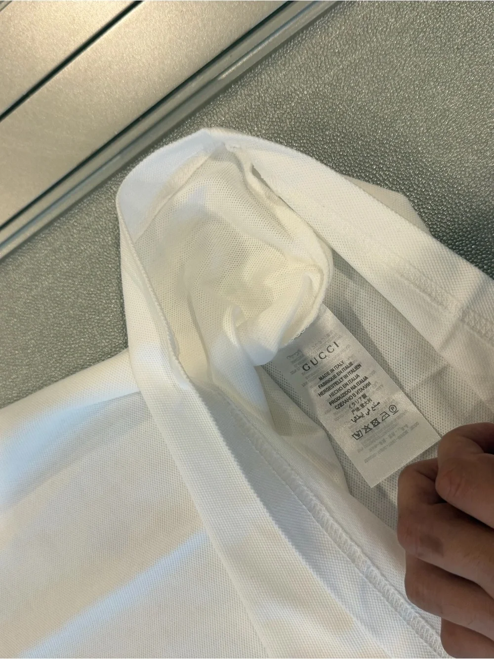 Gucci White Polo with Navy Collar and Red-Navy Shoulder Stripes